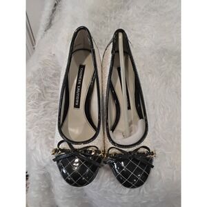 Chinese Laundry Cream Tweed Black Quilted Patent Bow Chain Pumps Heels 7M